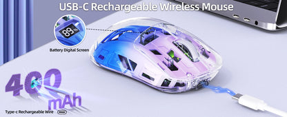 Rato Gaming Sem Fios Transparente A2, BT 5.0/2.4G para PC, Recarregável, RGB, com Ecrã Digital, PixArt 3212, 5 Níveis de DPI Ajustáveis