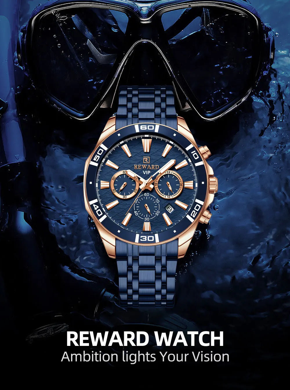 REWARD Mens Watches Waterproof  Luminous Quartz Wristwatch Business Stainless Steel Strap with gift box