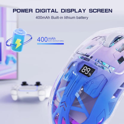 Rato Gaming Sem Fios Transparente A2, BT 5.0/2.4G para PC, Recarregável, RGB, com Ecrã Digital, PixArt 3212, 5 Níveis de DPI Ajustáveis