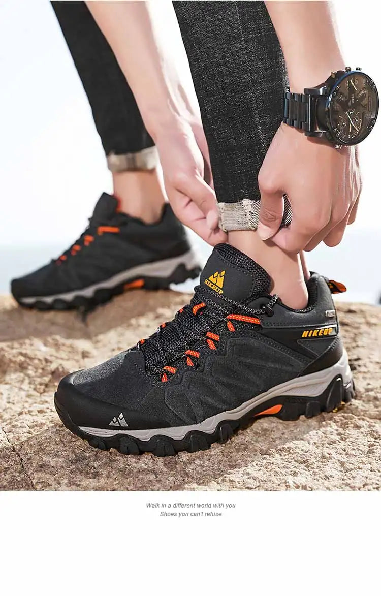 HIKEUP High-Quality Leather Hiking Shoes, Durable Outdoor Sport Men Trekking Leather Shoes, Lace-Up Climbing Hunting Sneakers
