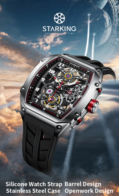 STARKING Luxury Men’s Automatic Mechanical Watch Skeleton Dial Silicone Band Tonneau Design Waterproof Luminous Sport Wristwatch