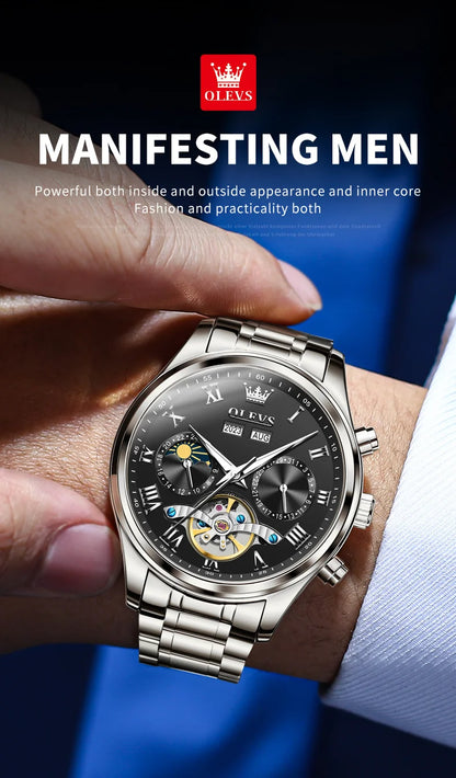 OLEVS 7005 Classic Business Mechanical Wristwatch for Man Skeleton Flywheel 24 Hour Moon Phase  Calendar Luxury Men's Watch