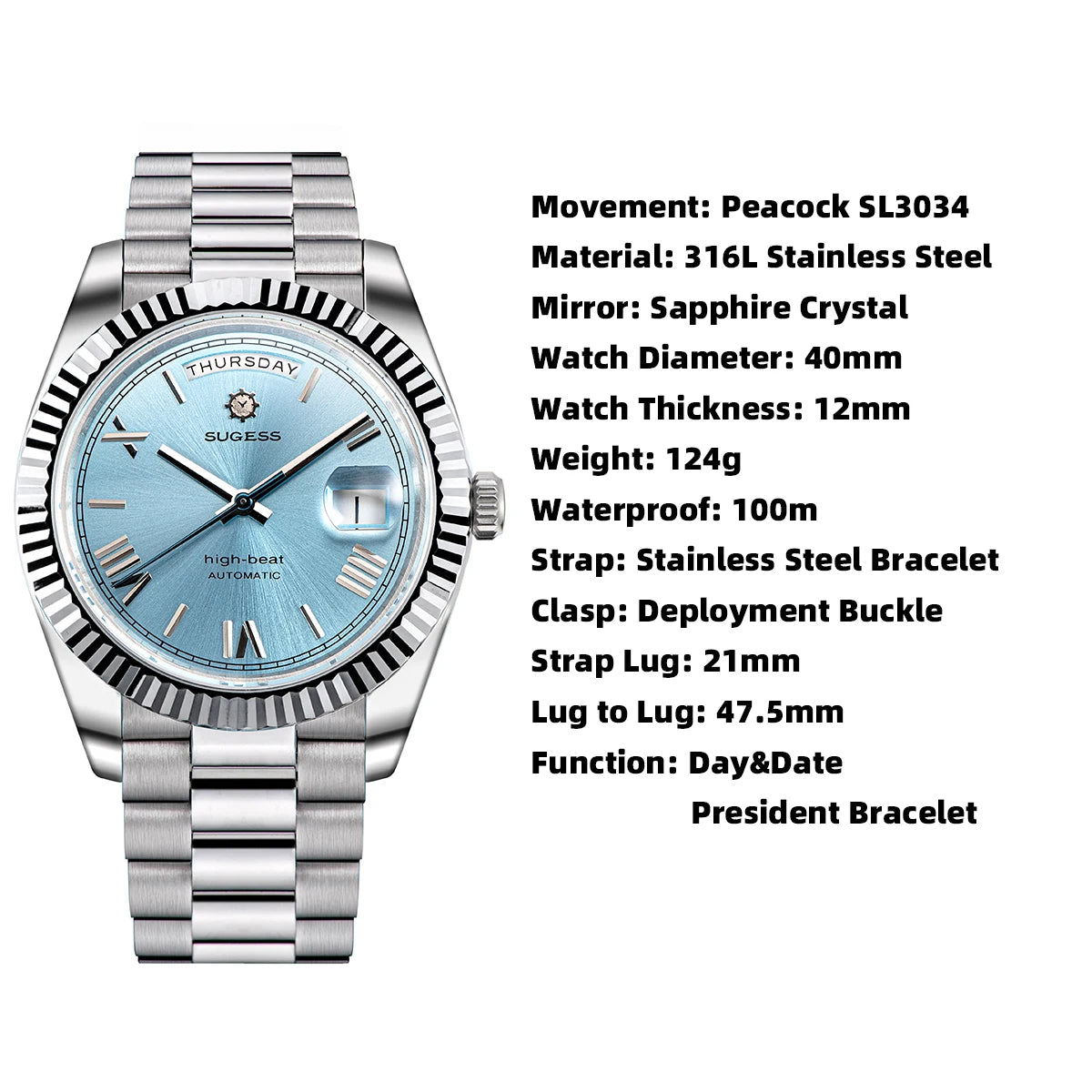 Sugess 40mm Men's Watches Automatic Date Mechanical Day Wristwatch Peacock SL3034 Movement Sapphire Waterproof Luxury Retro New