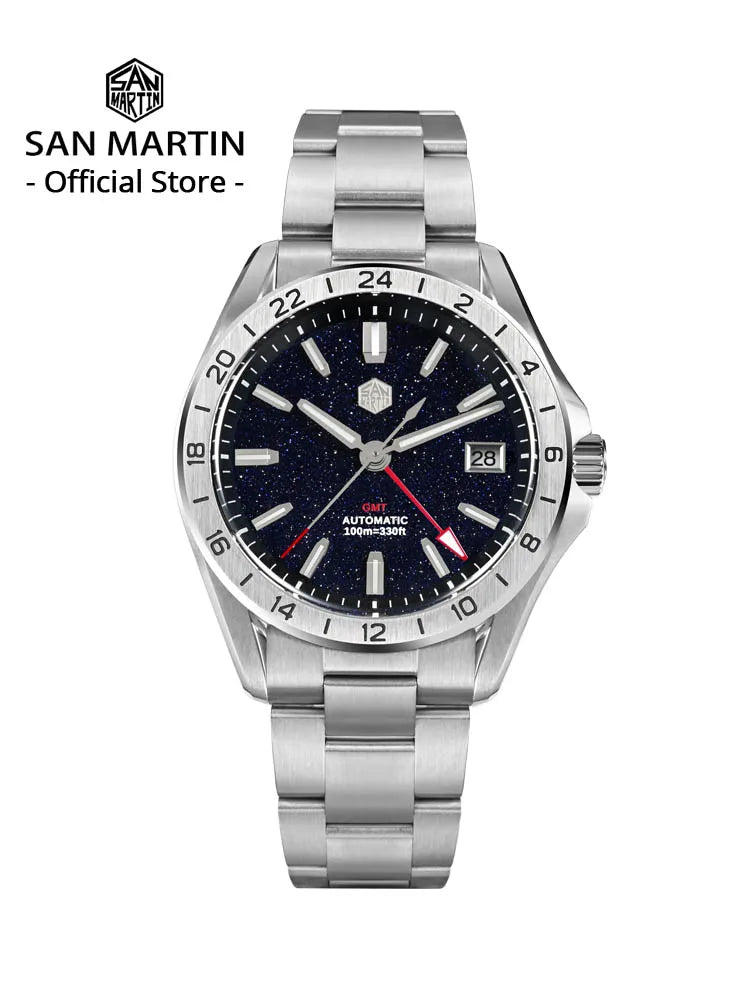 Reloj de lujo para hombre San Martin 39mm con esfera de aventurina, NH34 GMT automático mecánico, zafiro, resistente al agua, luminoso, SN0129