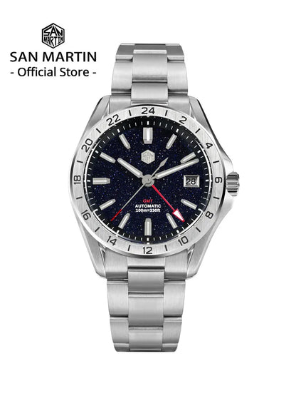 Reloj de lujo para hombre San Martin 39mm con esfera de aventurina, NH34 GMT automático mecánico, zafiro, resistente al agua, luminoso, SN0129