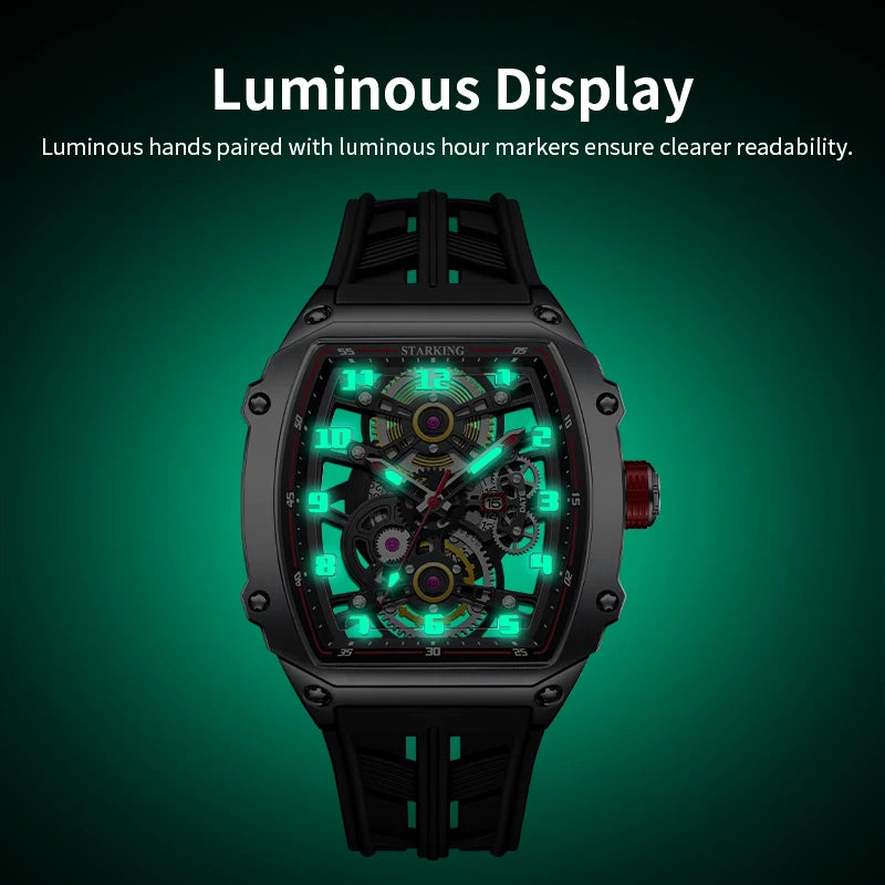 STARKING Luxury Men’s Automatic Mechanical Watch Skeleton Dial Silicone Band Tonneau Design Waterproof Luminous Sport Wristwatch