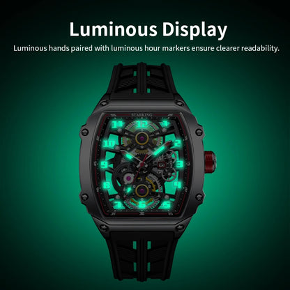 STARKING Luxury Men’s Automatic Mechanical Watch Skeleton Dial Silicone Band Tonneau Design Waterproof Luminous Sport Wristwatch
