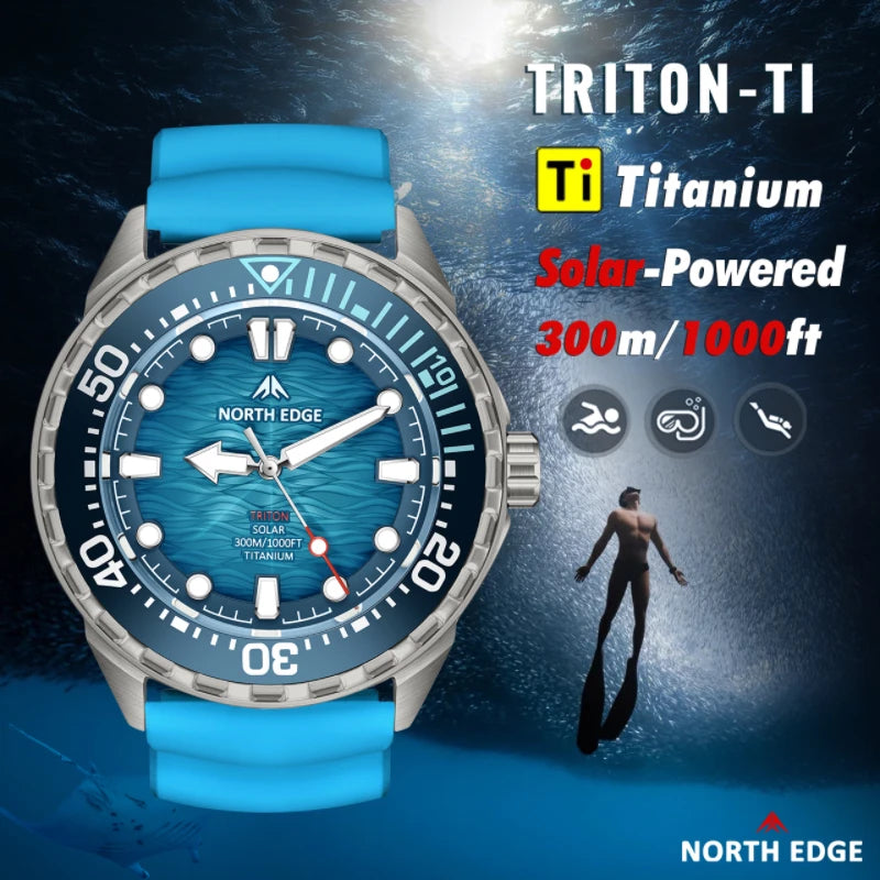 NORTH EDGE TRITON-TI Titanium Stainless Solar-Powered Diving Watch Luxury Quartz Watches For Men 300M Waterproof 180+ Day Power