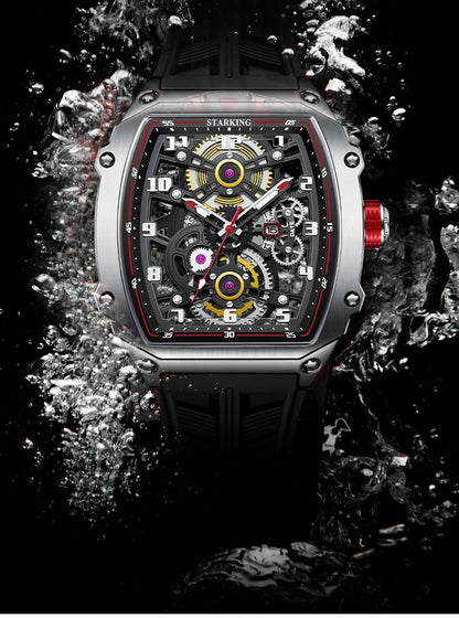 STARKING Luxury Men’s Automatic Mechanical Watch Skeleton Dial Silicone Band Tonneau Design Waterproof Luminous Sport Wristwatch