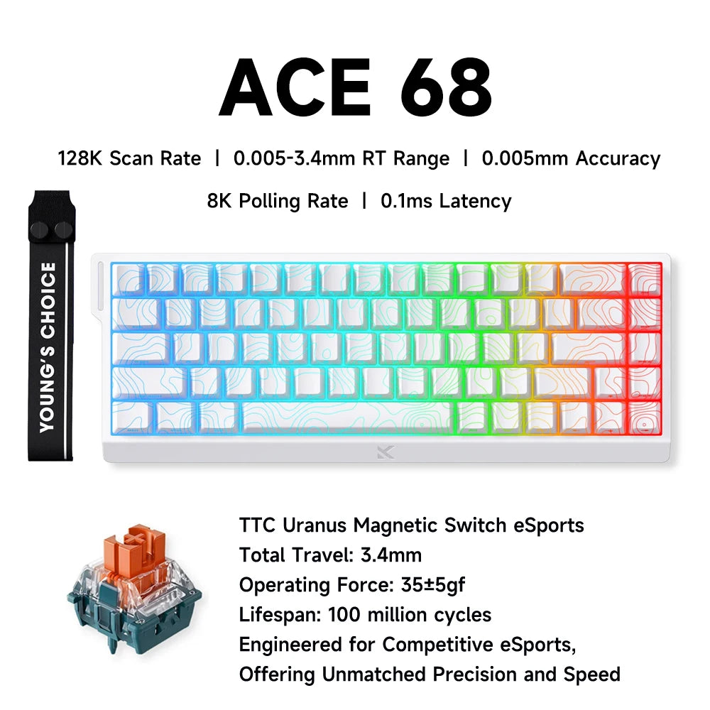 Tastiera gaming MCHOSE ACE 68 con switch magnetici Hall Effect, Rapid Trigger, RGB programmabile, 8K Hz, DKS/MT/TGL/RS/SOCD