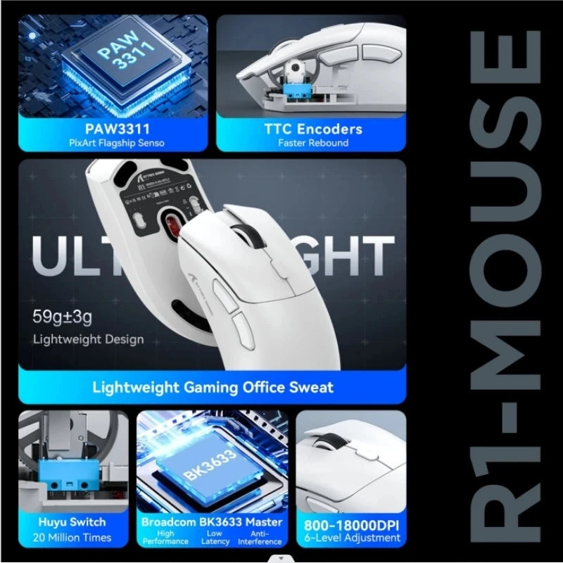Mouse gaming wireless Attack Shark R1 leggero Bluetooth 2.4G PAW3311 18000DPI ergonomico con macro