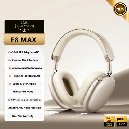 Auriculares inalámbricos Picun F8MAX ANC con cancelación activa de ruido híbrida de 59dB, audio espacial, Bluetooth 6.0, diseño over-ear y hasta 180H