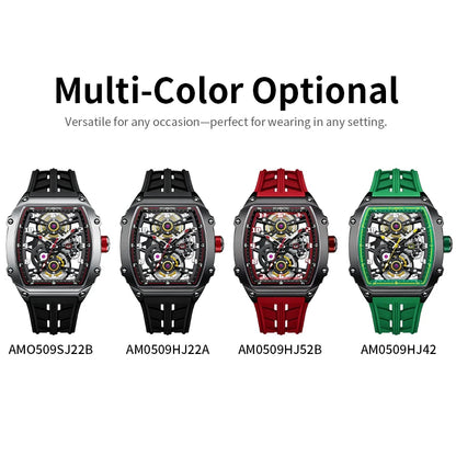 STARKING Luxury Men’s Automatic Mechanical Watch Skeleton Dial Silicone Band Tonneau Design Waterproof Luminous Sport Wristwatch