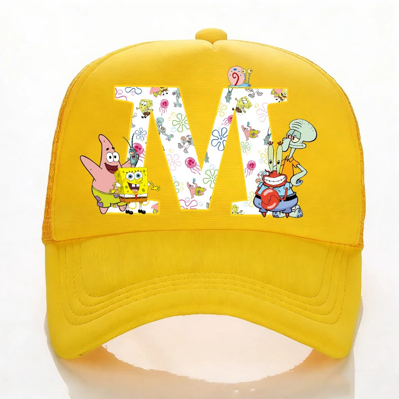SpongeBobs Baseball Cap Kids Adult Summer Outdoor Sports Sun Hat Child Cute Letter A-Z Sunbonnet Breathable Mesh Headgear Gift