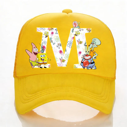 SpongeBobs Baseball Cap Kids Adult Summer Outdoor Sports Sun Hat Child Cute Letter A-Z Sunbonnet Breathable Mesh Headgear Gift