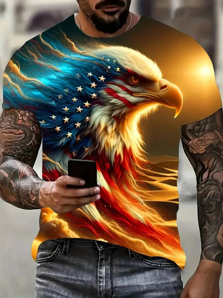 T-shirt patriótica para homem com estampado 3D de águia, gola redonda, manga curta, estilo casual, para verão, moda, atividades ao ar livre e vestuário masculino