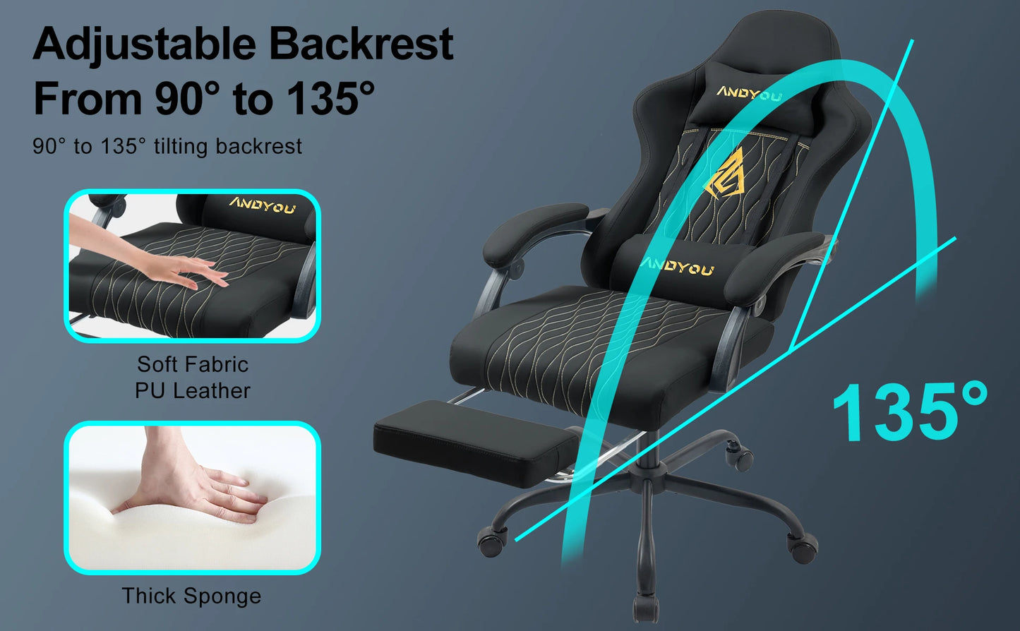 Andyou Ergonomic Gaming Chair - Swivel Reclining Gaming Chair , PU Leather Upholstery, Weight Capacity 150kg