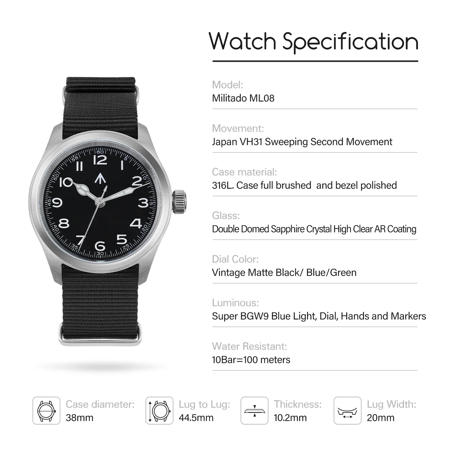 Militado ML08 V2 Vintage Quartz Watch Military VH31 Movement  Double Sapphire Crystal C3 BGW-9 Luminous Waterproof 38mm Watch