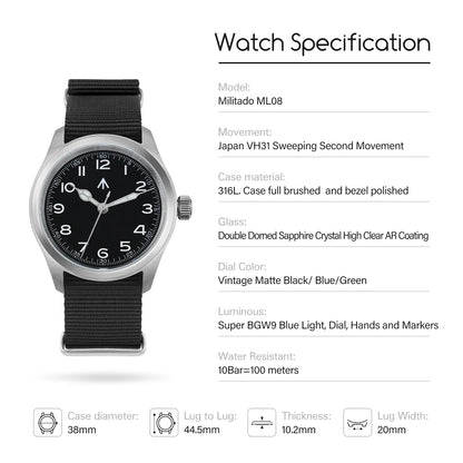 Militado ML08 V2 Vintage Quartz Watch Military VH31 Movement  Double Sapphire Crystal C3 BGW-9 Luminous Waterproof 38mm Watch