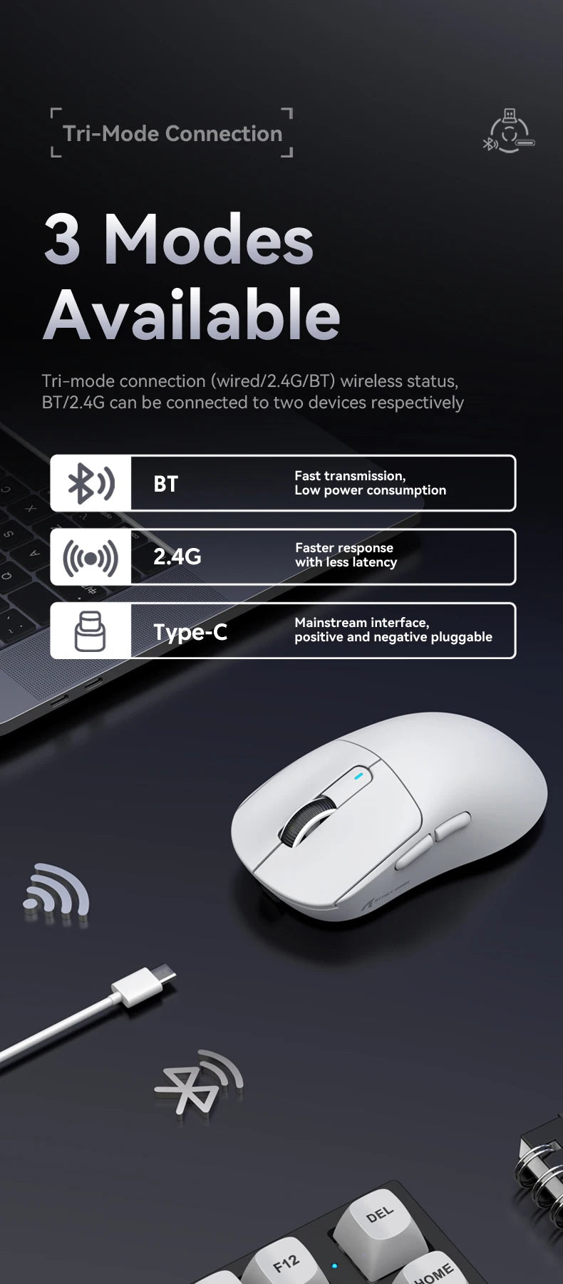 Mouse gaming wireless ATTACK SHARK X3/X3PRO 4K/8K, 26K DPI, tri-mode (cablato/2.4GHz/BT5.2), leggero, sensore PAW3395 per gamer