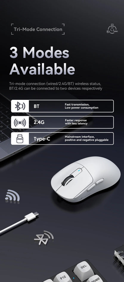 Mouse gaming wireless ATTACK SHARK X3/X3PRO 4K/8K, 26K DPI, tri-mode (cablato/2.4GHz/BT5.2), leggero, sensore PAW3395 per gamer