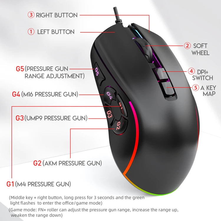 Mouse cablato da gaming e ufficio 7200 DPI con retroilluminazione RGB, 6 livelli DPI regolabili, 10 pulsanti programmabili e pulsante per tornare al desktop