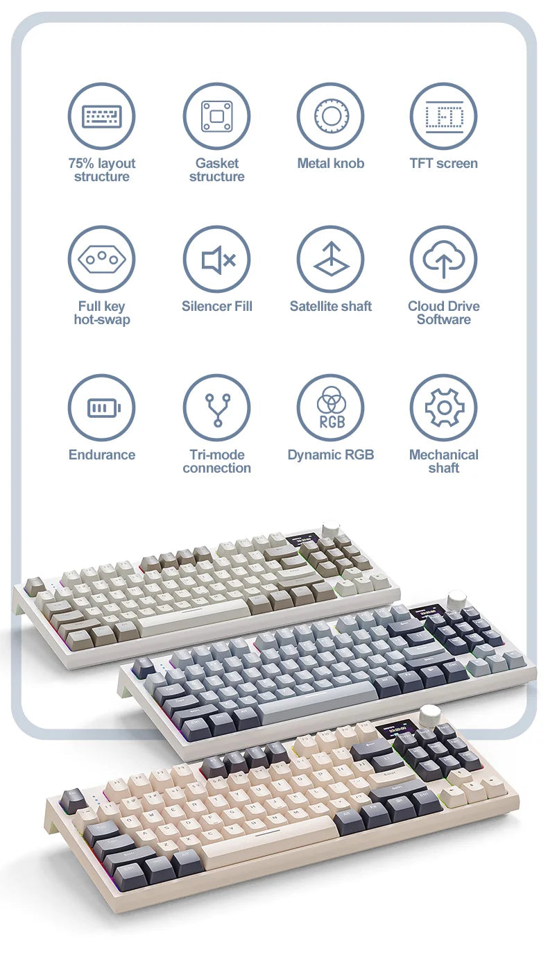 Tastiera meccanica ATTACK SHARK K86 con manopola in metallo, schermo smart TFT a colori, layout a 87 tasti, illuminazione RGB e connessione tri-mode