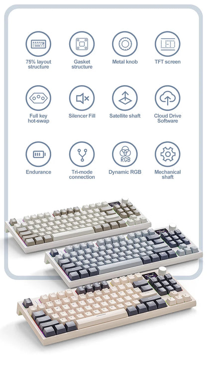 Tastiera meccanica ATTACK SHARK K86 con manopola in metallo, schermo smart TFT a colori, layout a 87 tasti, illuminazione RGB e connessione tri-mode
