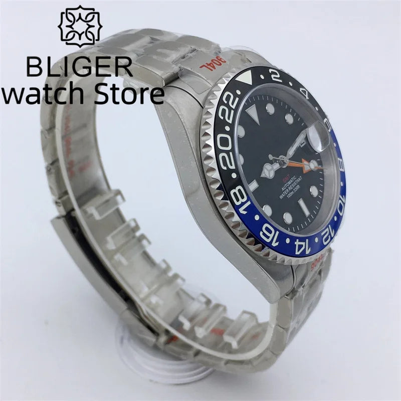 BLIGER 40mm NH34 GMT Watch For Men Mechanical Wristwatch Luminous Bezel Sapphire Glass Stainless Steel Bracelet Men's Watch