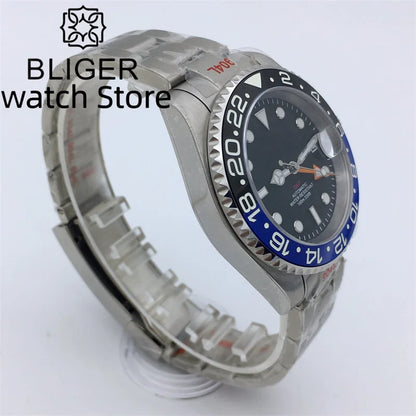 BLIGER 40mm NH34 GMT Watch For Men Mechanical Wristwatch Luminous Bezel Sapphire Glass Stainless Steel Bracelet Men's Watch