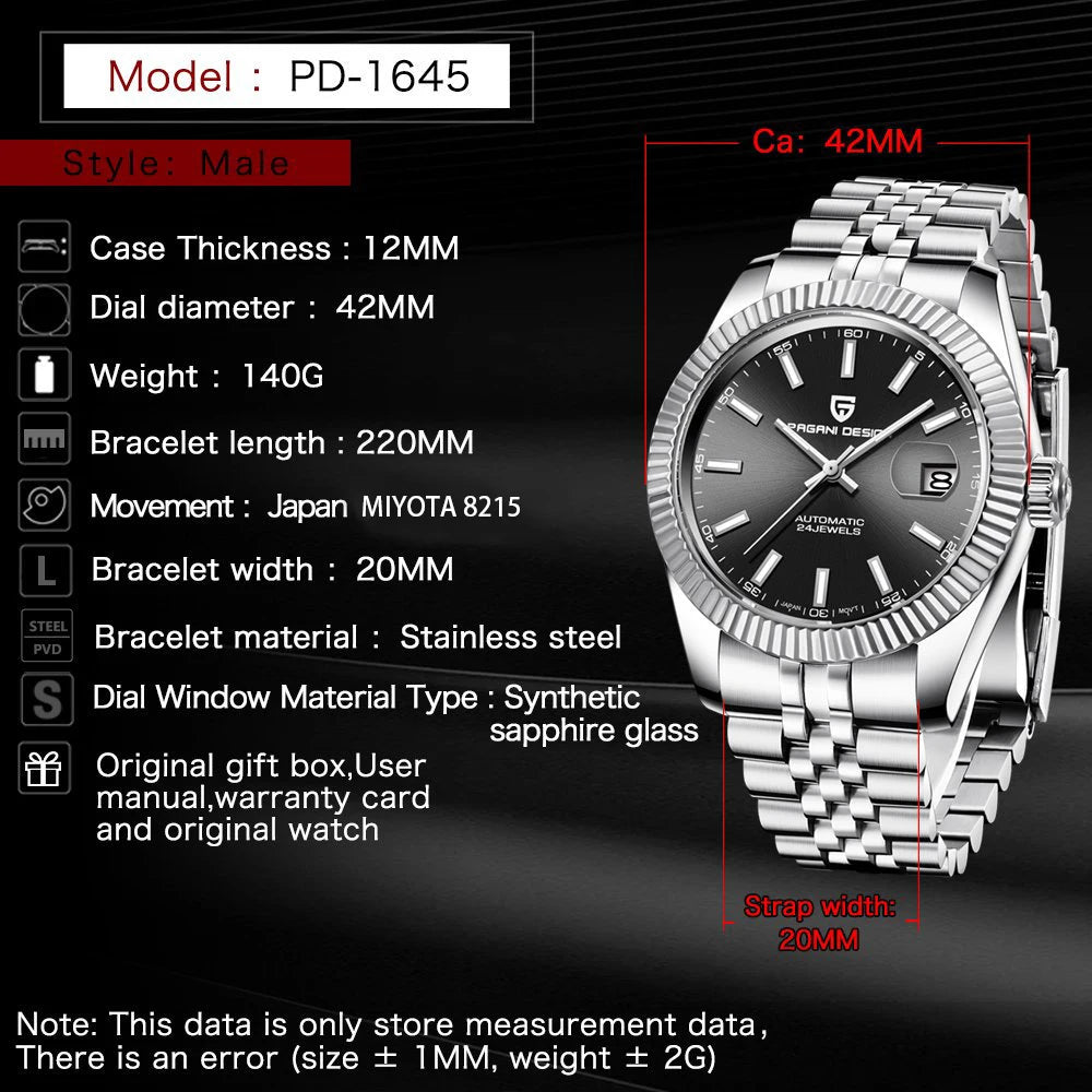 PAGANI DESIGN Men Mechanical Watch Luxury Automatic Watch Jubilee Bracelet Japan Movement 100M Waterproof Sport Wristwatch 1645