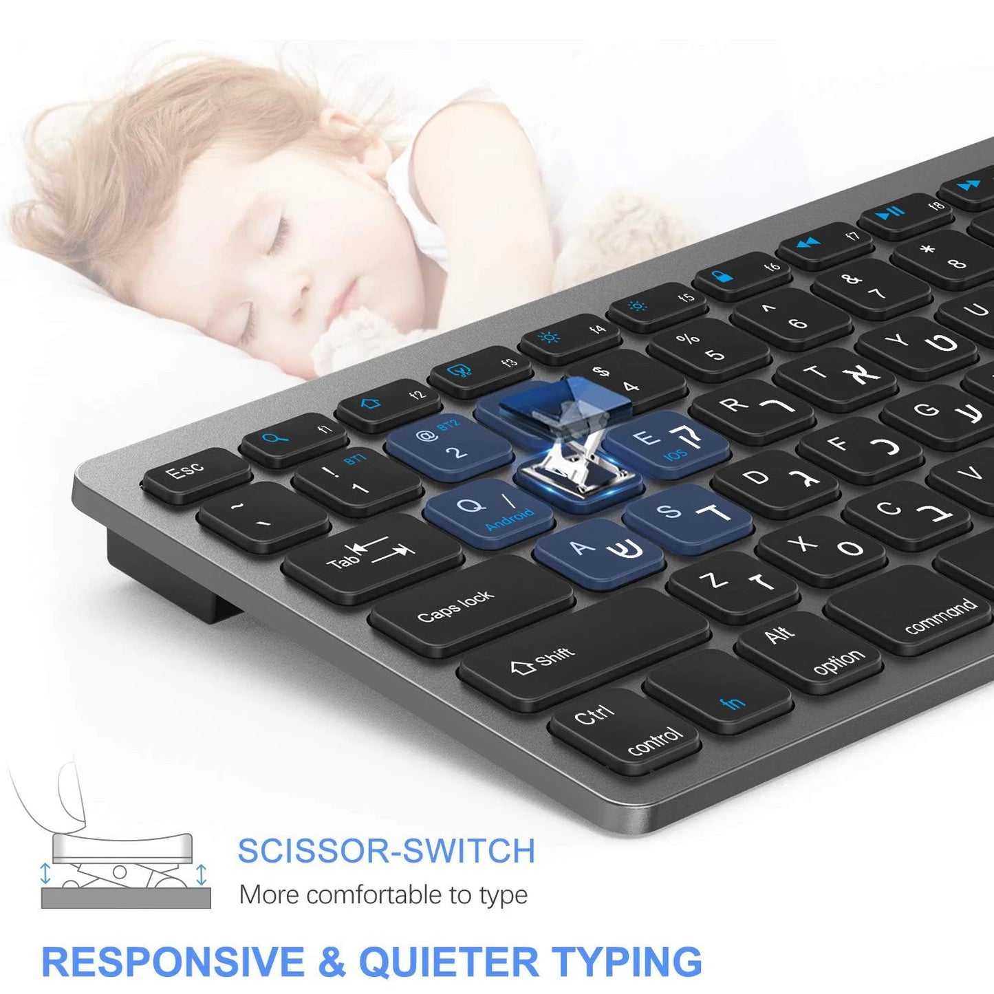 Teclado hebraico ultrafino Bluetooth e 2.4G de modo duplo Israel sem fios, silencioso, para iOS, iPad, tablets Android e Windows