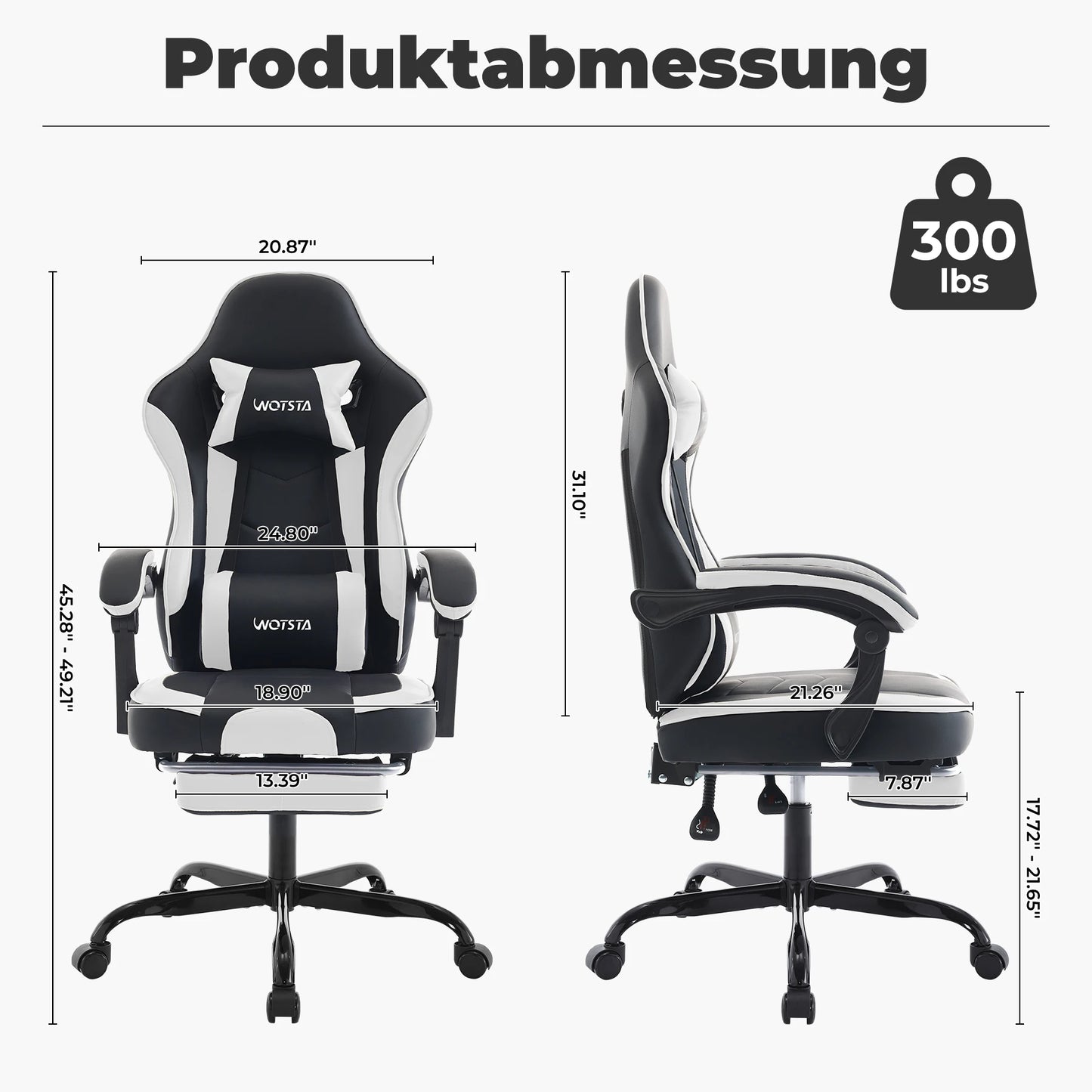 WOTSTA Gaming Chair Ergonomic Gamer Chair with Footrest, Adjustable Lumbar Support, Headrest, Reclining Computer Chair for Office & Gaming