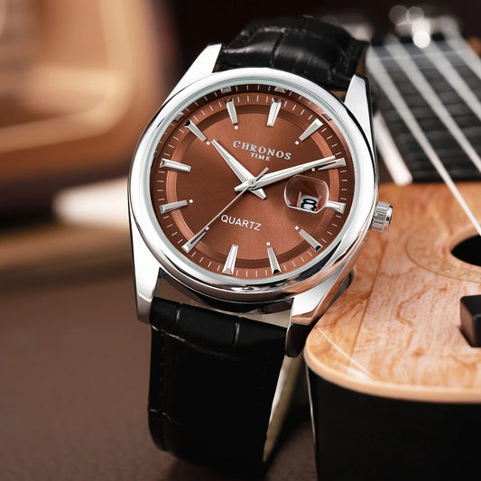 CHRONOS Men Classic Quartz Wrist Watch with Calendar Luminous Dial Leather Strap Casual Business Leisure Outdoor Sports Watches