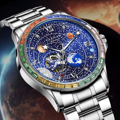 GLENAW New Rotating Earth Mechanical Watch Men Space astronaut dial Night Light Waterproof Stainless Steel Strap Automatic Watch