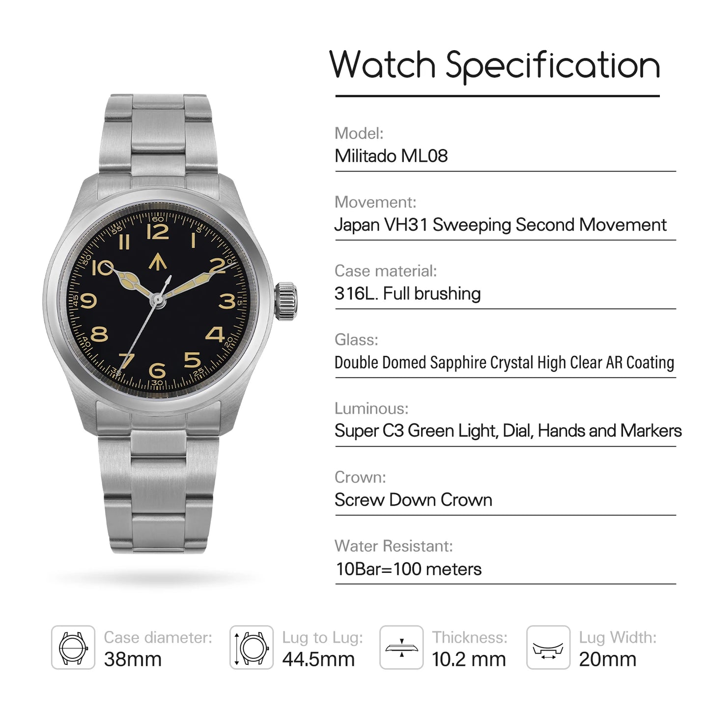 Militado ML08 Quartz Watch Ronda 515/VH31 Movement Domed Sapphire Wristwatch BGW9 Luminous 10Bar Waterproof 38mm Vintage Watches