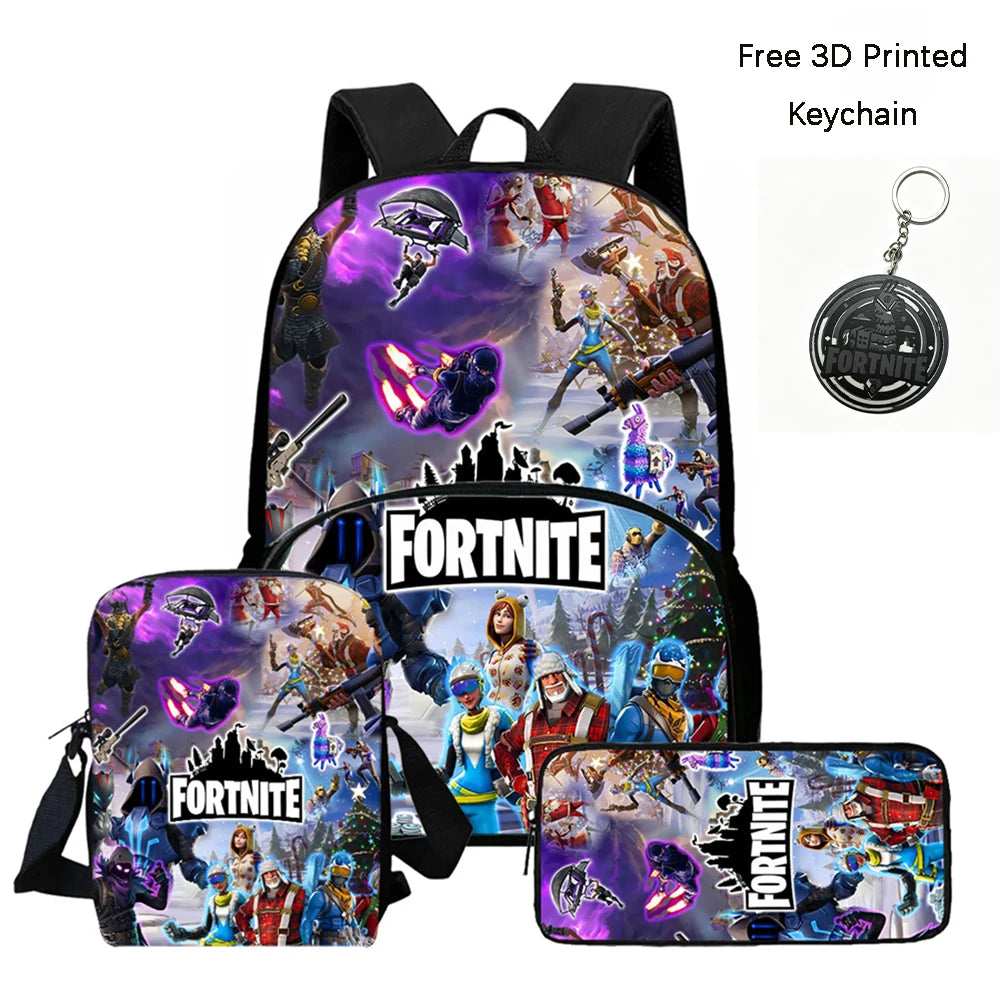 FORTNITE 3-Piece School Backpack Set with Front Pocket Bag, Crossbody Bag, and Pencil Case for Ages 5-10 Boys and Girls, Lightweight, Includes Free 3D Printed Keychain