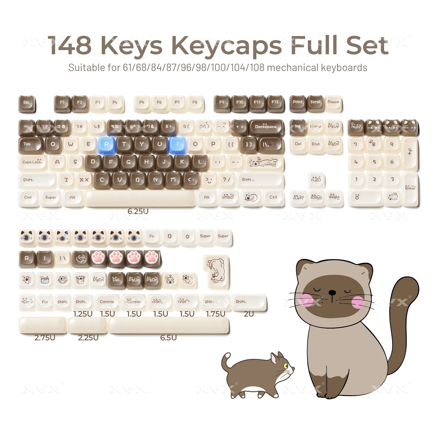 XVX 148 teclas teclas con temática de gatos perfil MAO, teclas coreanas brillantes y adorables para teclado 61 64 68 78 87 96 98 104 108