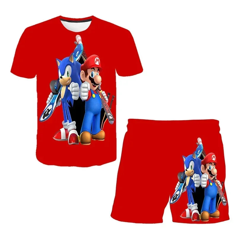 Sonic The Hedgehog Top Fashion 3D Anime Children's T-shirt Set Short Sleeve + Shorts Two-piece Set Girls Boys Cosplay Costume