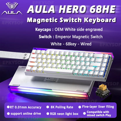 AULA HERO 68HE Teclado Mecânico Gaming RGB com Switch Magnético Rapid Trigger Retorno 8K com Fio Teclado Personalizado para Esports