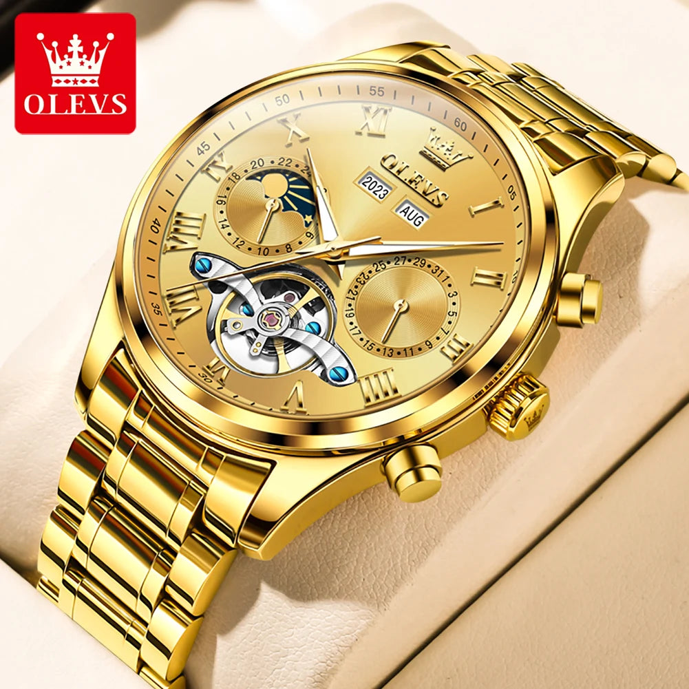 OLEVS 7005 Classic Business Mechanical Wristwatch for Man Skeleton Flywheel 24 Hour Moon Phase  Calendar Luxury Men's Watch