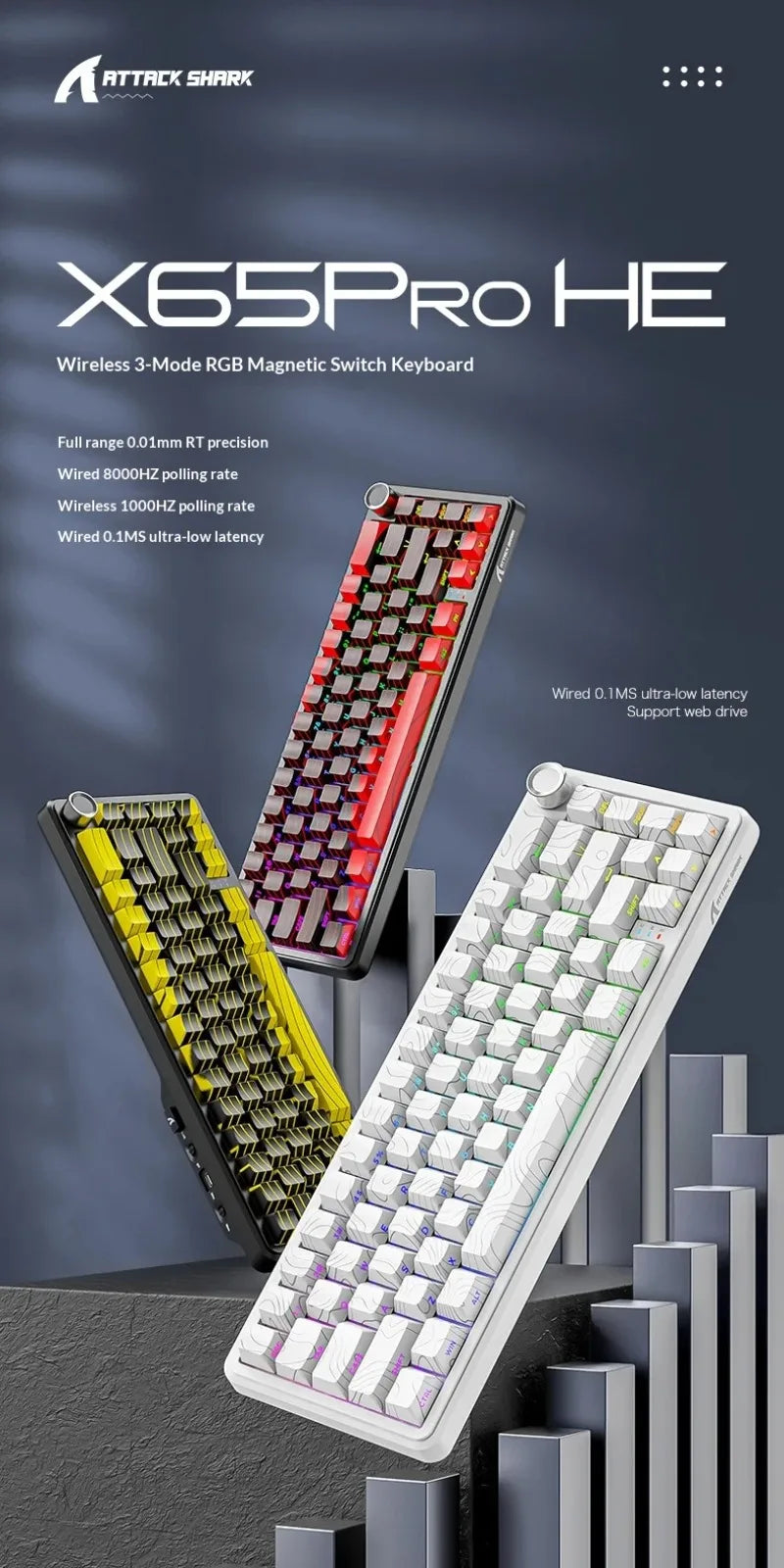 Attack Shark X65 PRO HE Magnetic Switch Keyboards 8K RT 0.001mm Side Engraving Bluetooth Wireless Gaming Keyboards Windows Mac PC