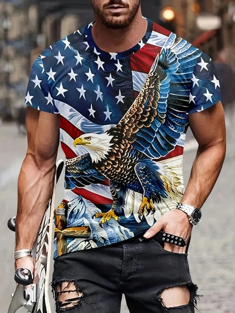 T-shirt patriótica para homem com estampado 3D de águia, gola redonda, manga curta, estilo casual, para verão, moda, atividades ao ar livre e vestuário masculino