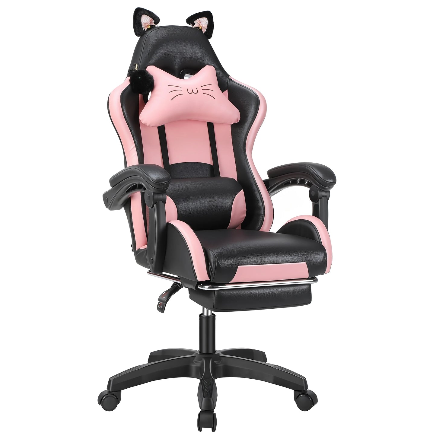 Sedia da gaming con orecchie da gatto, poltrona da computer con poggiapiedi e supporto lombare, sedia da gioco regolabile in altezza, seduta girevole a 360°