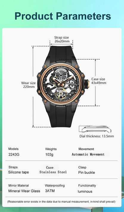 MEGIR Skeleton Dial Automatic Mechanical Watch Men Stainless Steel Case Waterproof Luminous Sport Wristwatch with Silicone Strap