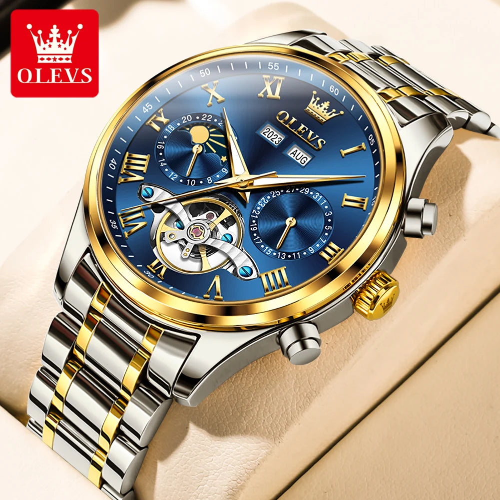 OLEVS 7005 Classic Business Mechanical Wristwatch for Man Skeleton Flywheel 24 Hour Moon Phase  Calendar Luxury Men's Watch