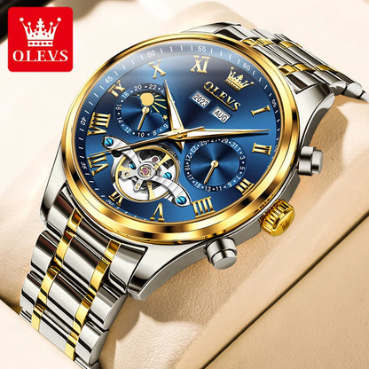 OLEVS 7005 Classic Business Mechanical Wristwatch for Man Skeleton Flywheel 24 Hour Moon Phase  Calendar Luxury Men's Watch