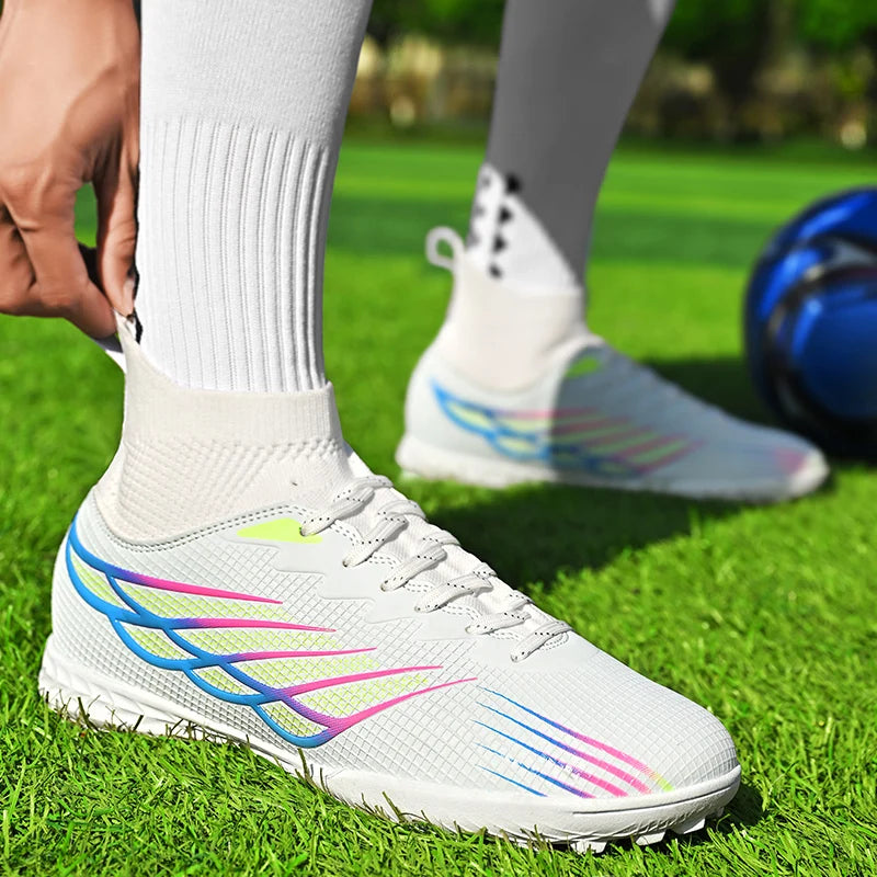 Chaussures de football à crampons TF pour terrain synthétique, modèle à tige haute et coupe ajustée, chaussures de football à lacets avec empeigne respirante en tissu, semelle en caoutchouc antidérapante et durable, ch