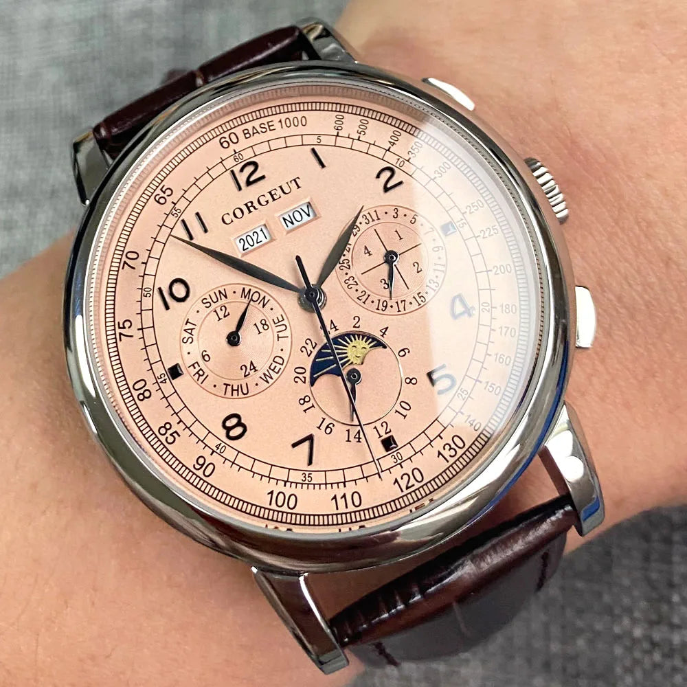 Reloj automático para hombre con multifunción de fecha, día, mes y año, reloj mecánico masculino 316L, caja pulida, indicador día/noche, 42mm