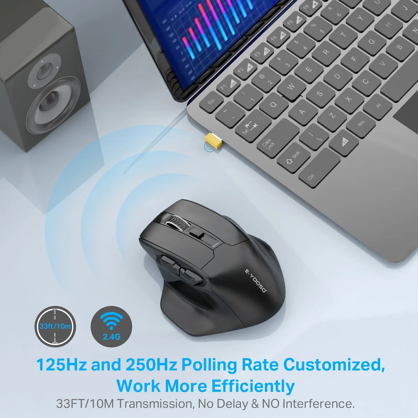 Rato sem fios E-YOOSO 2.4G PAW3212 4800 DPI, rato ergonómico para gaming e escritório, para notebook, PC, portátil e MacBook